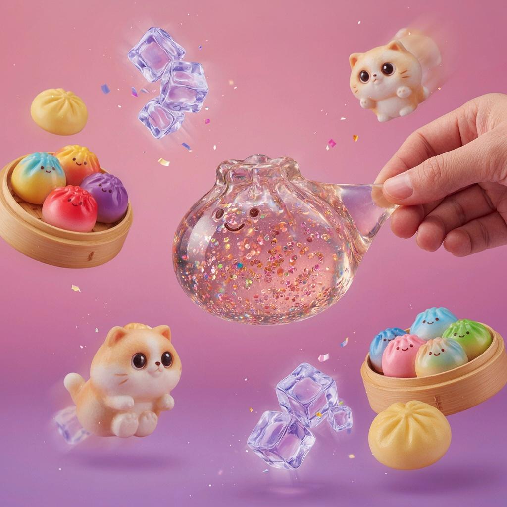 Colorful squishy dumplings, ice cubes and a chonky kitten floating around a giant glitter dumpling being stretched by a hand